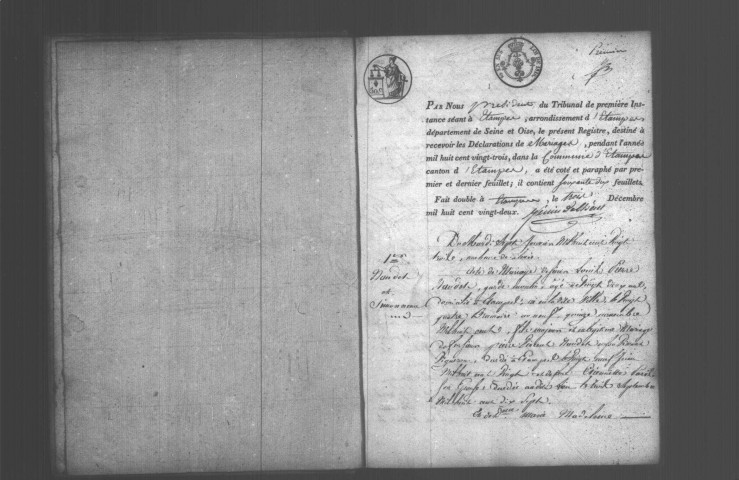 ETAMPES. Mariages : registre d'état civil (1823). 