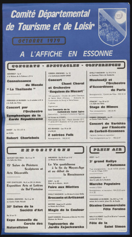 EVRY.- A l'affiche en Essonne : programme culturel, Comité départemental de tourisme et de loisirs, octobre 1979. 
