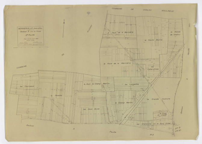 MONNERVILLE. - Section A dite de l'ouest, feuille 2, plan révisé pour 1934. Ech. 1/2.500. N et B. Dim. 0,75 x 1,04. 