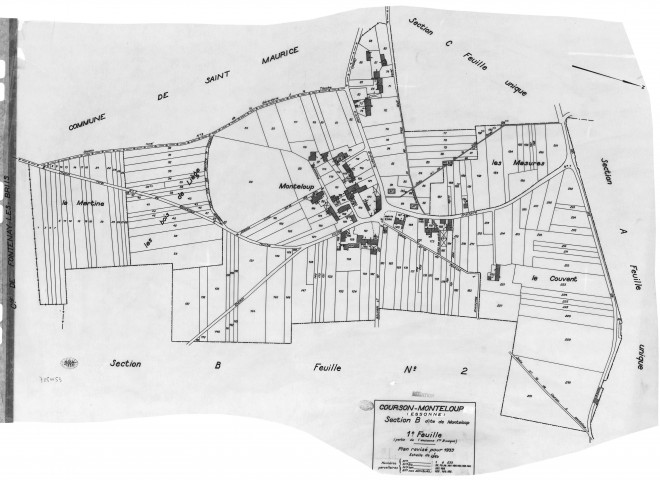 COURSON-MONTELOUP.- Cadastre révisé pour 1933 : plan du tableau d'assemblage, plans de la section A le Château, section B Monteloup 1ère feuille, idem 2ème feuille, [4 plans]. 