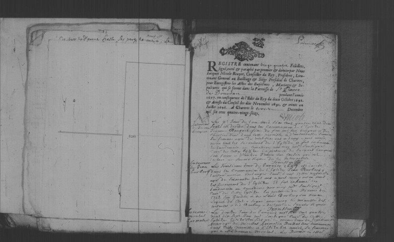 DOURDAN. Paroisse SAINT-PIERRE. - Baptêmes, mariages, sépultures : registre paroissial (1696-1699).
DOURDAN. Paroisse SAINT-GERMAIN. - Baptêmes, mariages, sépultures : registre paroissial (1678-1699). [Lacunes : B.M.S. (1682-1683, 1687-1695). Nota bene : B.M.S. (1685-1686), seulement du 24 août 1685 au 6 janvier 1686). Les registres des deux paroisses et de l'Hôtel-Dieu sont reliés ensemble.] 