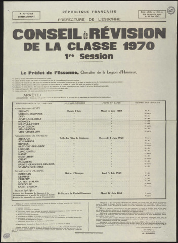 Essonne [Département]. - Recensement militaire - classe 1970 - 1ère session, pour les jeunes nés entre le 1er janvier et le 30 avril 1950, 14 avril 1969. 