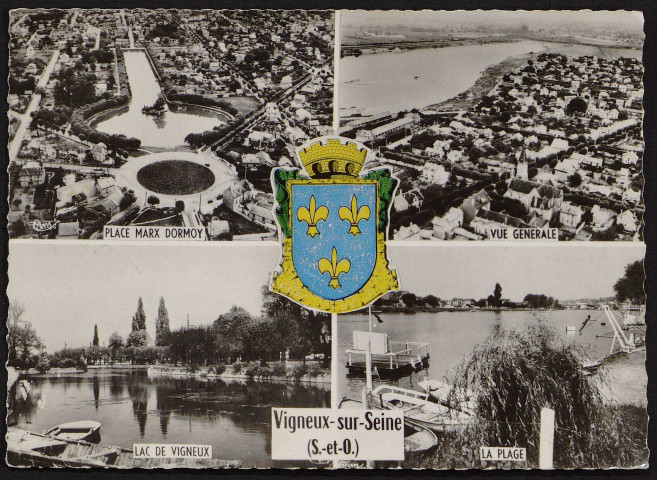 VIGNEUX-SUR-SEINE.- Place Max Dormoy, vue générale, lac et la plage (12 mai 1958).