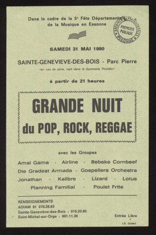 SAINTE-GENEVIEVE-DES-BOIS. - Grande nuit du POP, ROCK, REGGAE, Parc Pierre, 31 mai 1980. 