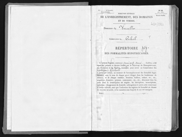 Conservation des hypothèques de CORBEIL. - Répertoire des formalités hypothécaires, volume n° 454 : A-Z (registre ouvert vers 1920). 