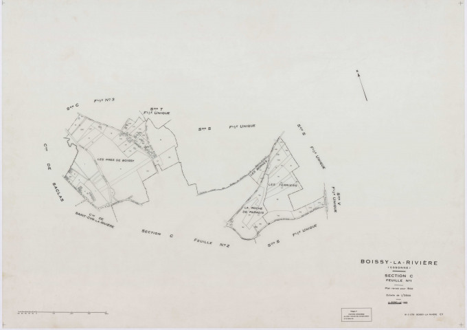 BOISSY-LA-RIVIERE, plans minutes de conservation : tableau d'assemblage,1940, Ech. 1/10000 ; plans des sections A, C1, C3, 1940, Ech. 1/2500, section C2, 1940, Ech. 1/1250, sections R, S, T, U, V, W, X, Y, Z, 1955, Ech. 1/2000. Polyester. N et B. Dim. 105 x 80 cm [14 plans]. 