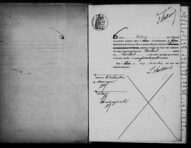 CORBEIL. Mariages : registre d'état civil (1879). 