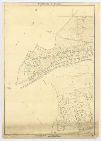 Plan topographique régulier de YERRES, plantimétrie dressée et dessinée par M. LUIZET, vérifiée par M. BOURY, ingénieur-géomètre, feuille 1, Délégation Générale de l'Equipement, 1945. Ech. 1/2.000. N et B. Dim. 1,05 x 0,76. 