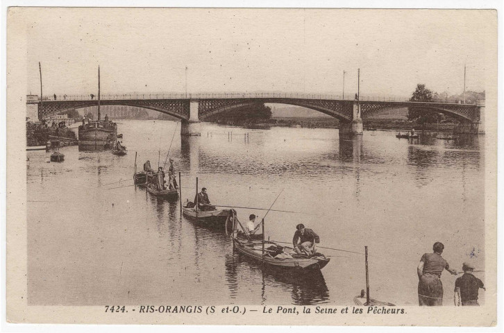 RIS-ORANGIS. - Le pont, la Seine et les pêcheurs [1938, sépia]. 