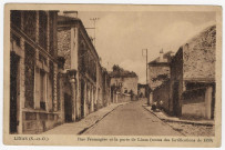 LINAS. - Rue Fromagère et la porte de Linas (restes des fortifications de 1589), (1943), 19 lignes, 1 f 50, ad., sépia. 