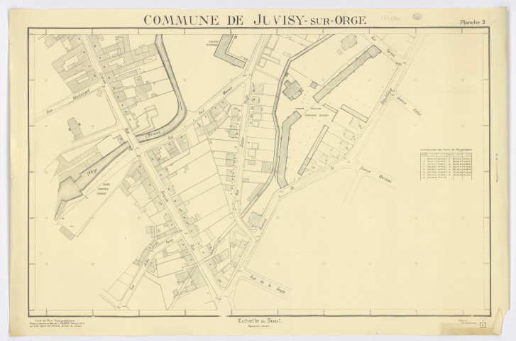 Fonds de plan topographique de JUVISY-SUR-ORGE dressé et dessiné par M. POUSSIN, géomètre, feuille 2, 1946. Ech. 1/500. N et B. Dim. 0,71 x 1,07. 