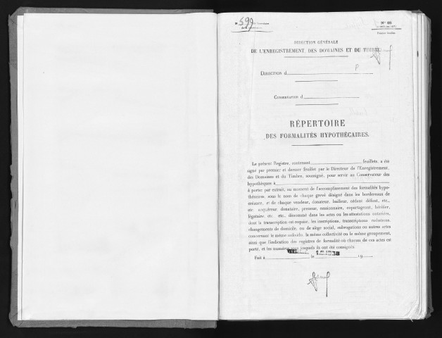 Conservation des hypothèques de CORBEIL. - Répertoire des formalités hypothécaires, volume n° 599 : A-Z (registre ouvert en 1938). 