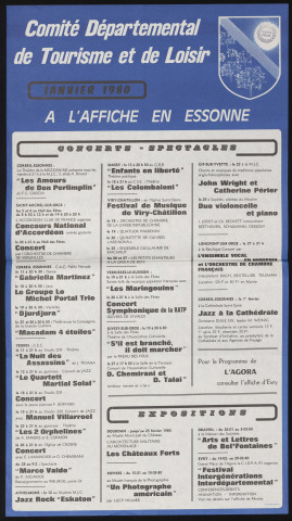 EVRY.- A l'affiche en Essonne : programme culturel, Comité départemental de tourisme et de loisirs, janvier 1980. 