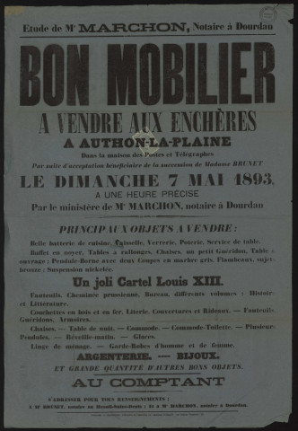 AUTHON-LA-PLAINE. - Vente aux enchères de mobilier par suite d'acceptation bénéficiaire de la succession de Mme BRUNET, 7 mai 1893. 