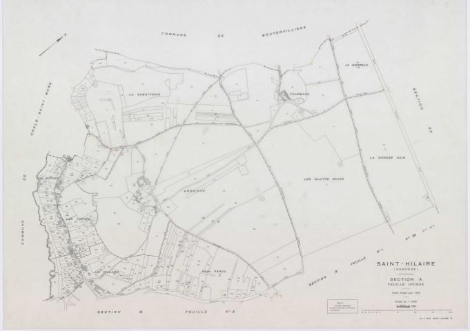 SAINT-HILAIRE, plans minutes de conservation : tableau d'assemblage, 1933, Ech. 1/10000 ; plans des sections A, B1, B2, 1933, Ech. 1/2500, sections ZA, ZB1, ZB2, 1959, Ech. 1/2000. Polyester. N et B. Dim. 105 x 80 cm [7 plans]. 