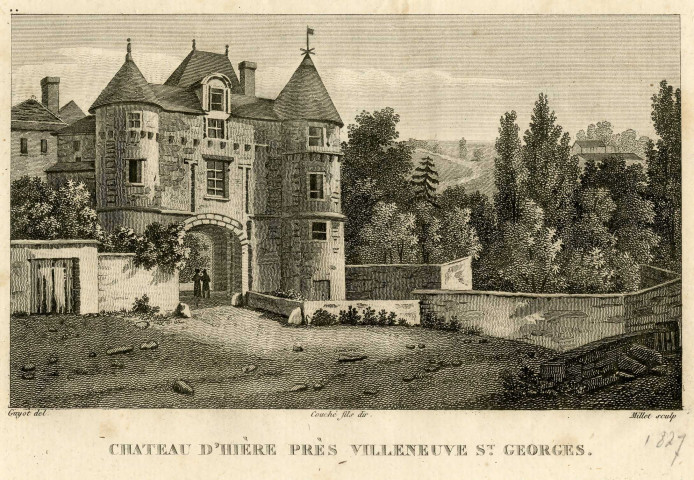 YERRES. - "" Le château d'HIERE près VILLENEUVE-SAINT-GEORGES "", dessin de M. GUYOT, M. MILLET, graveur, 1827, N et B. Dim. 8 x 13,5. 