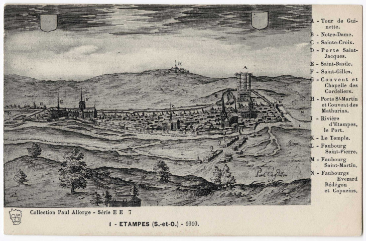 ETAMPES. - Etampes en 1610, dessin. Edition Seine-et-Oise artistique et pittoresque, collection Paul Allorge. 