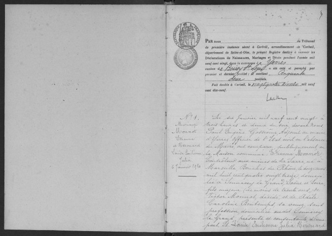 YERRES. - Naissances, mariages, décès : registre d'état civil.