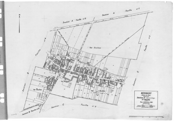 MEROBERT. - Cadastre révisé pour 1938 : plan du tableau d'assemblage, plan de la section le Village 1ère feuille, [1plan]. 
