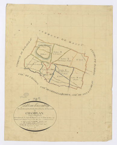 CHAMPLAN. - Plan d'assemblage, ech. 1/10000, coul., aquarelle, papier, 60x47 (1811). 