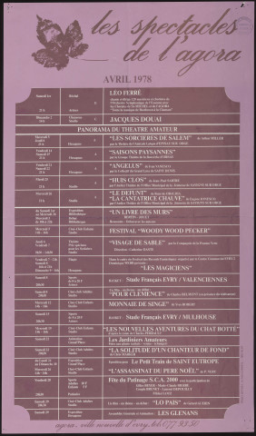 EVRY. - Les spectacles de l'Agora : programme culturel, avril 1978. 