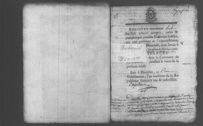 RICHARVILLE. Naissances, mariages, décès : registre d'état civil (an III-an X). [mariages (an VII et les six premiers mois de l'an VIII), voir 4E917-918. Nota bene : publications de mariages (an IV)]. 