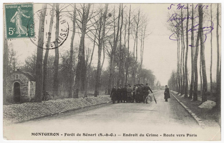 MONTGERON. - Endroit du crime. Route de Paris [Editeur Francis, 1912, timbre à 5 centimes]. 