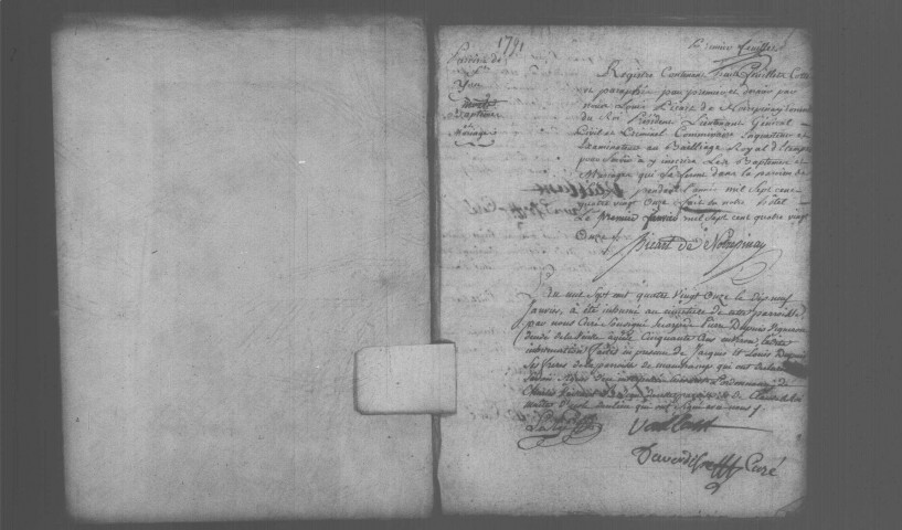 SAINT-YON. Naissances, mariages, décès : registre d'état civil (1791-an XI). [mariages (an VII et les six premiers mois de l'an VIII), voir 4E506. Lacunes : N.M.D. (an V-an VI)]. 