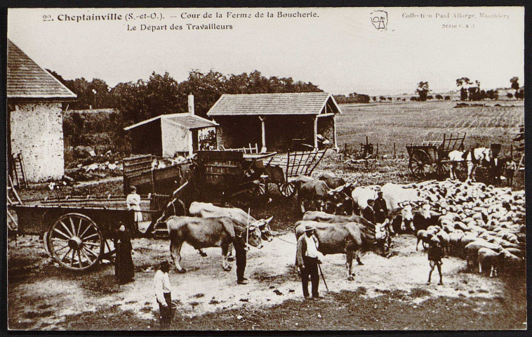 Cheptainville.- Cour de la ferme de la Boucherie. Le départ des travailleurs (reproduction d'une carte postale) [1904-1910]. 