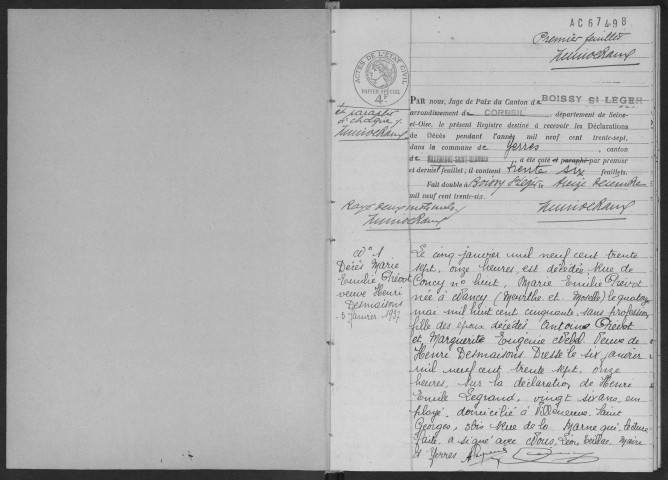 YERRES. - Décès : registre d'état civil.