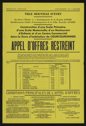 COURCOURONNES. - Appel d'offres restreint pour la construction d'une école primaire, d'une école maternelle, d'un restaurant d'enfants et d'un centre commercial dans la zone d'habitation de Courcouronnes, 15 mars 1971. 