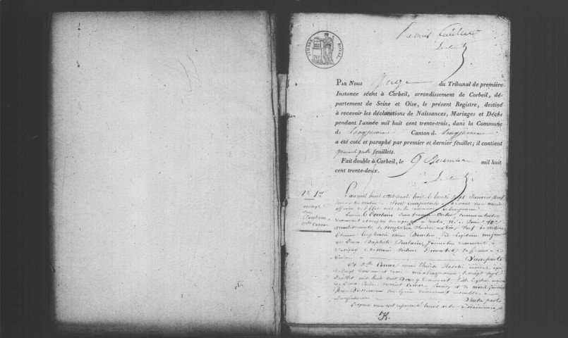 LONGJUMEAU. Naissances, mariages, décès : registre d'état civil (1833-1837). 