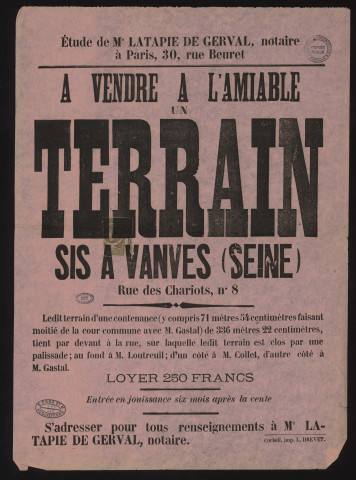 VANVES [Hauts-de-Seine]. - Vente à l'amiable d'un terrain, rue des chariots (1926). 