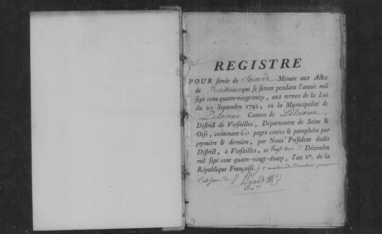 PALAISEAU. Naissances, mariages, décès : registre d'état civil (1793-an VII). [Nota bene : pour l'an VII, le registre des mariages concerne toutes les communes du canton]. 