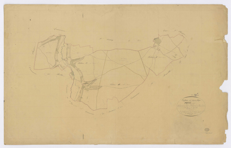 BOISSY-LA-RIVIERE. - Plan d'assemblage, ech. 1/10000, coul., aquarelle, papier, 66x103 (1831).