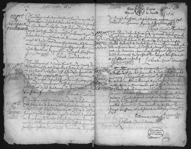 VARENNES-JARCY. - Registres paroissiaux. - Registre des baptêmes, mariages et sépultures (1675 - 02/01/1700). 