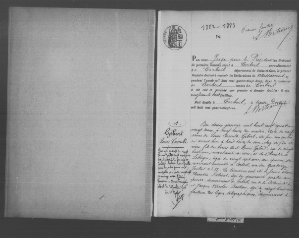 CORBEIL. Naissances : registre d'état civil (1882-1883). 