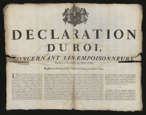 France [Pays]. - Déclaration du roi, concernant les empoisonneurs, 14 mars 1780. 