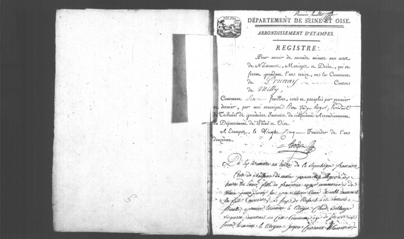 PRUNAY-SUR-ESSONNE. Naissances, mariages, décès : registre d'état civil (an XIII-1834). 