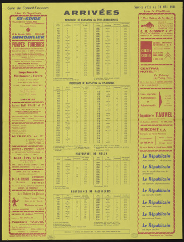 Le Républicain [quotidien régional d'information]. - Arrivées des trains en gare de Corbeil-Essonnes, à partir du 31 mai 1981 [service d'été] (1981). 