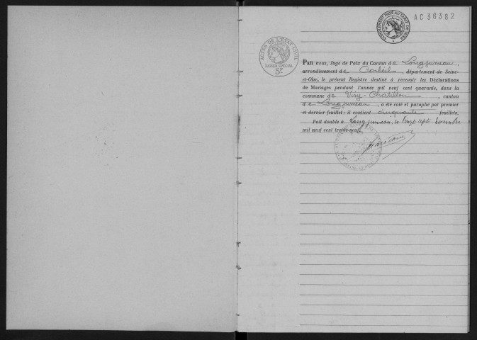 VIRY-CHATILLON. - Mariages : registre d'état civil.