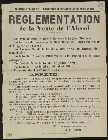 Seine-et-Oise [Département]. - Arrêté préfectoral réglementant la vente de l'alcool, 26 novembre 1915. 