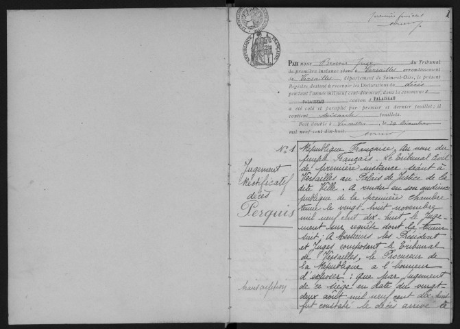 PALAISEAU. - Décès : registre d'état civil.