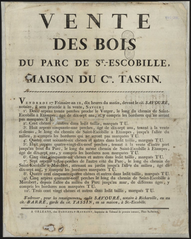 SAINT-ESCOBILLE. - Vente des bois du parc de Saint-Escobille, Maison du citoyen TASSIN, 17 frimaire an 12. 