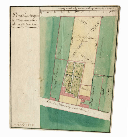 Plan couleur du presbytère de Morsang-sur-Seine, bordé par la rue de Morsang, avec ses jardins, la basse cour et le Clos de la cure (2 mars 1792).