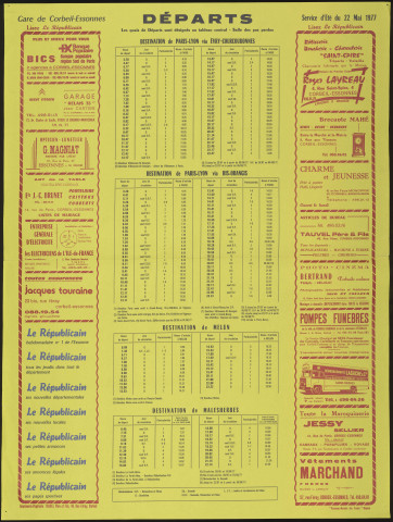 Le Républicain [quotidien régional d'information]. - Départs des trains de la gare de Corbeil-Essonnes, à partir du 22 mai 1977 [service d'été] (1977). 