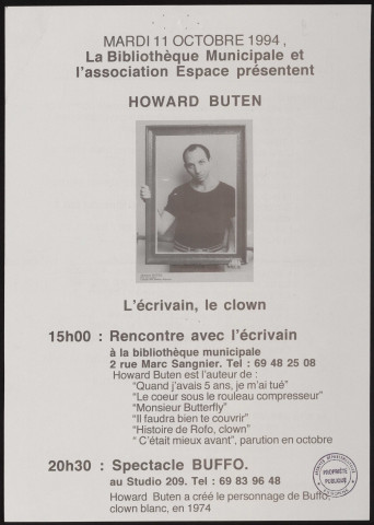 YERRES. - Exposition : Howard BUTEN, l'écrivain, le clown, Bibliothèque municipale, 11 octobre 1994. 