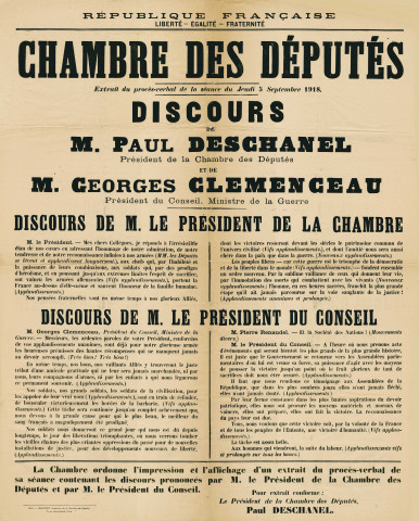 Discours de M. Paul Deschanel et de M. Georges Clémenceau, 5 septembre 1918.