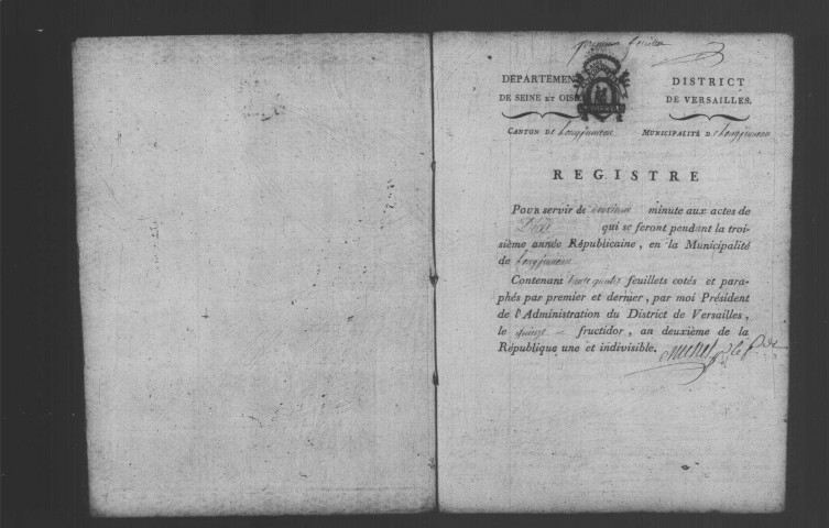 LONGJUMEAU. Naissances, mariages, décès : registre d'état civil (1793-an III). 