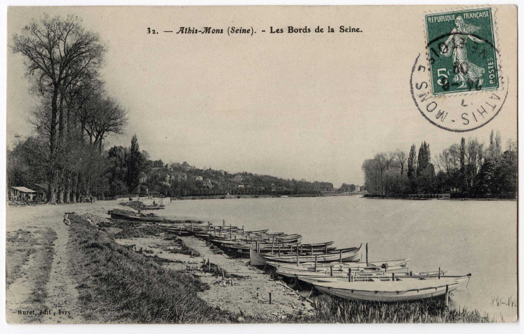 ATHIS-MONS. - Les bords de Seine, Buret, 1909, 4 mots, 5 c, ad. 